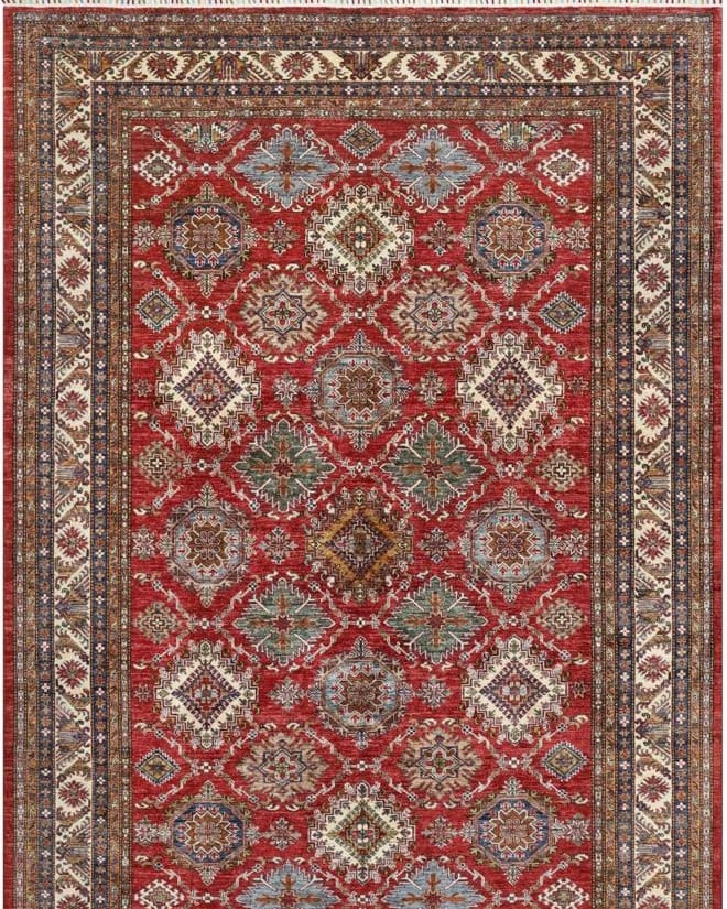 Handmade Afghani Wool Carpet – Red Geometric Floral Rug 2