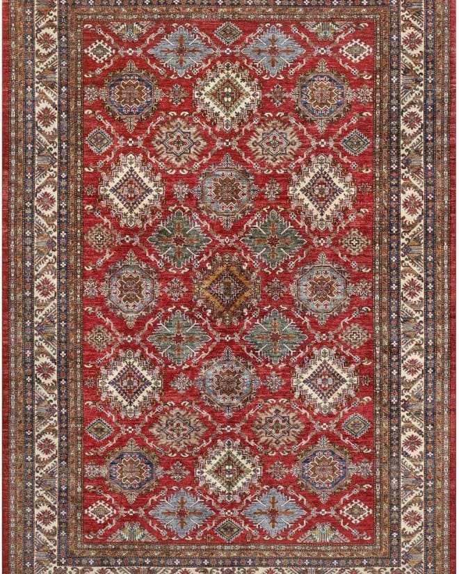Handmade Afghani Wool Carpet – Red Geometric Floral Rug 1