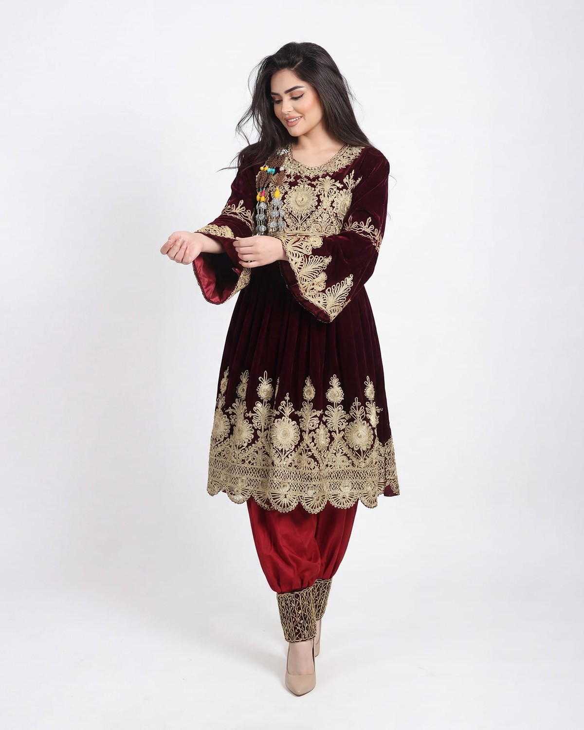 Velvet Dress with Golden Embroidery – Traditional Afghan Fashion 6