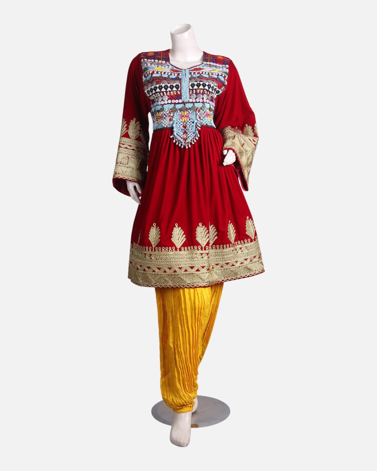 Red Afghani Dress with Yellow Pants – Handcrafted Traditional Fashion 4