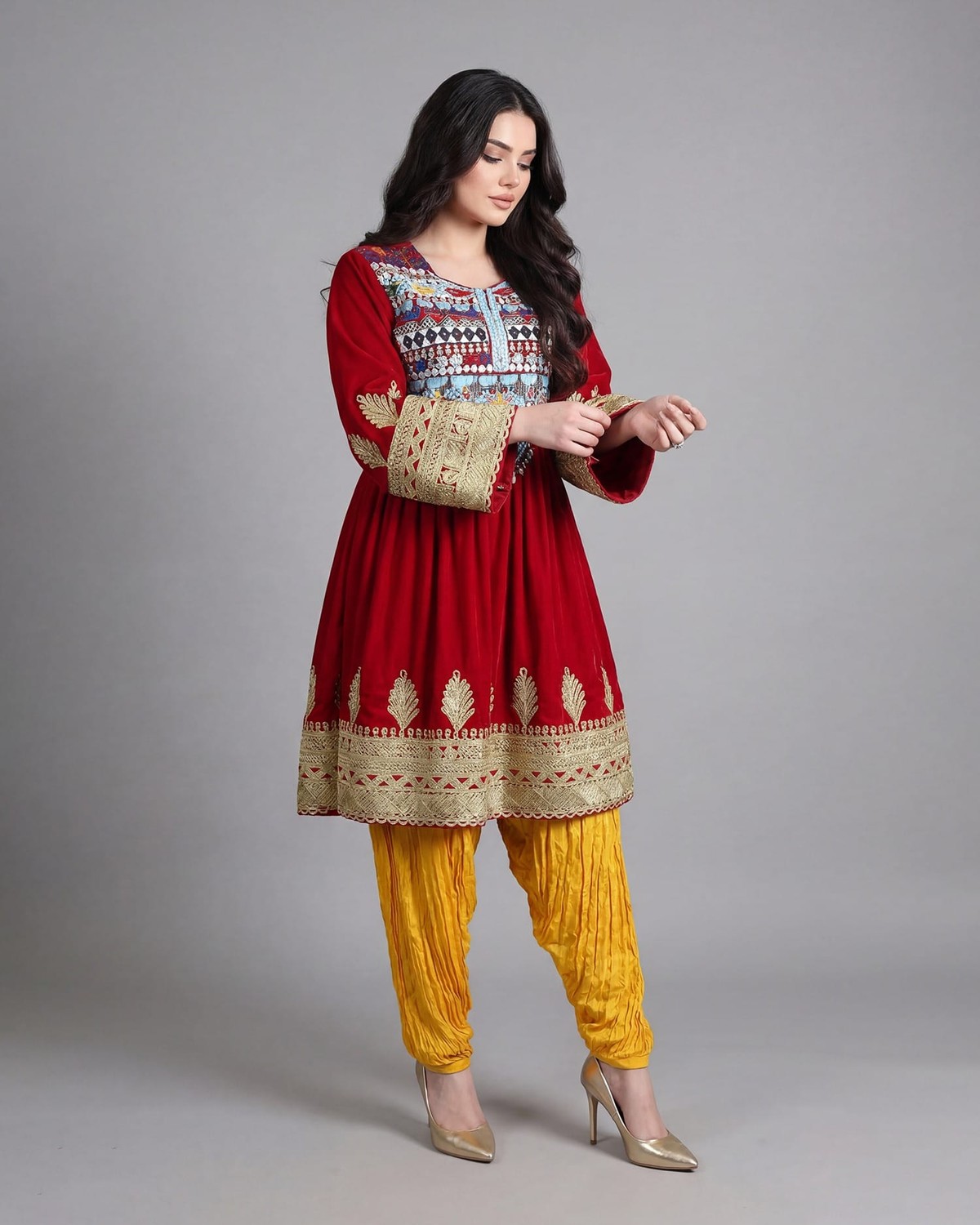 Red Afghani Dress with Yellow Pants – Handcrafted Traditional Fashion 5