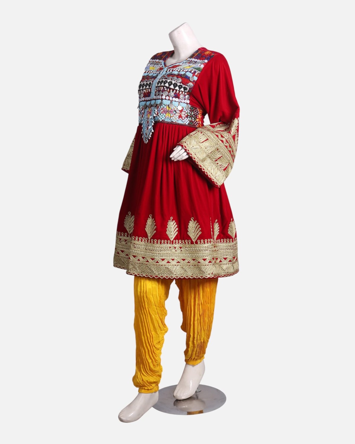 Red Afghani Dress with Yellow Pants – Handcrafted Traditional Fashion 2