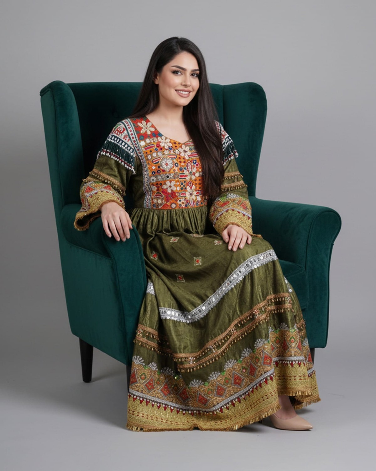 Elegant Afghan Velvet Dress – Green with Intricate Colorful Embroidery and Matching Pants 1
