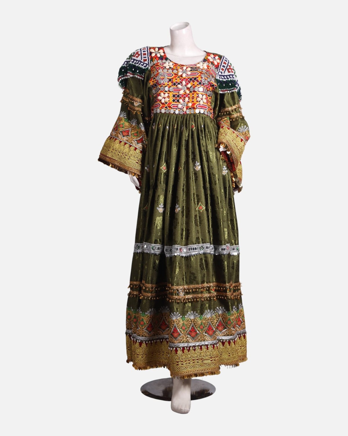 Elegant Afghan Velvet Dress – Green with Intricate Colorful Embroidery and Matching Pants 2