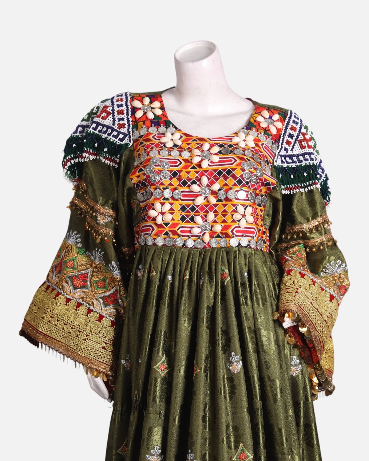 Elegant Afghan Velvet Dress – Green with Intricate Colorful Embroidery and Matching Pants 5