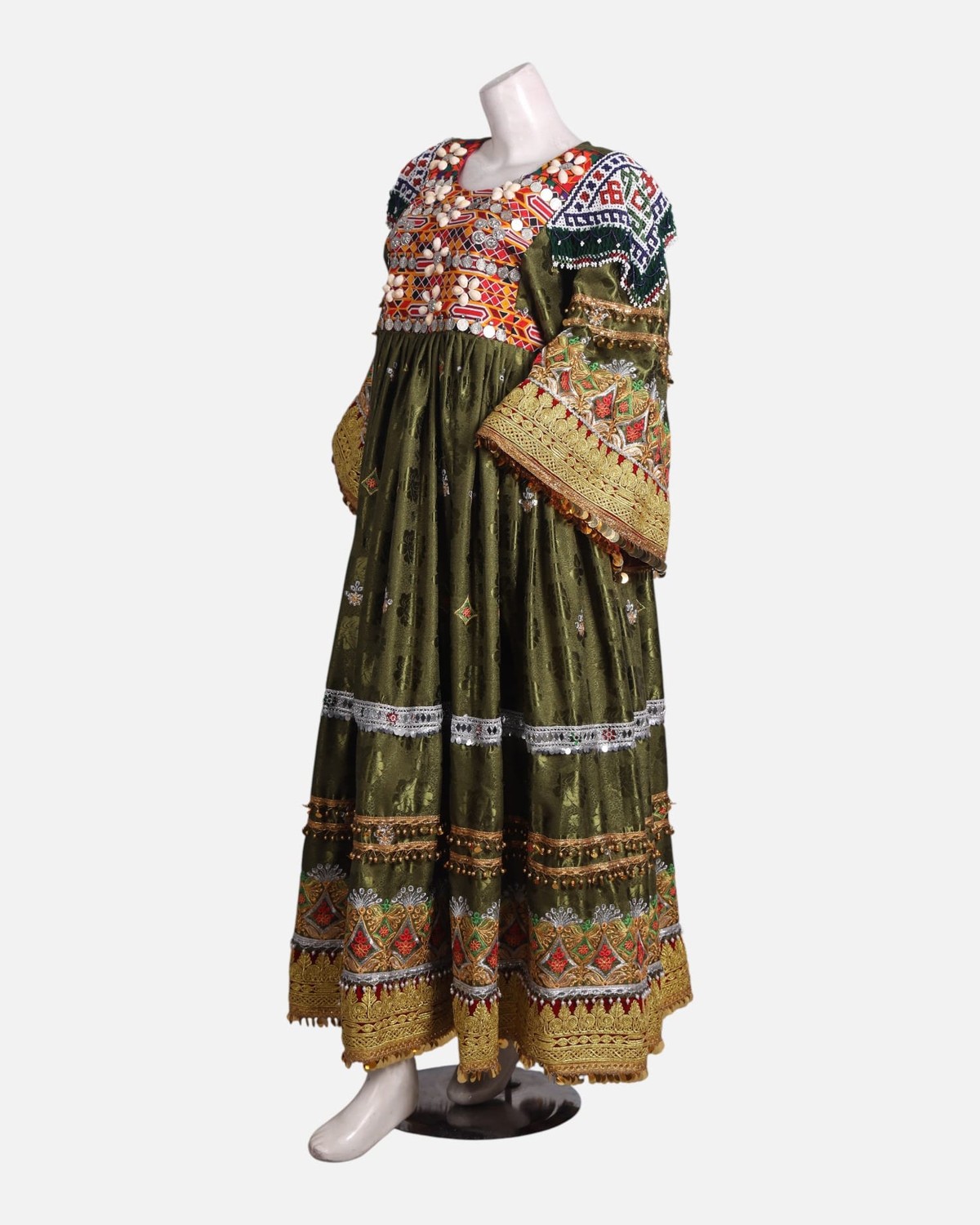 Elegant Afghan Velvet Dress – Green with Intricate Colorful Embroidery and Matching Pants 6