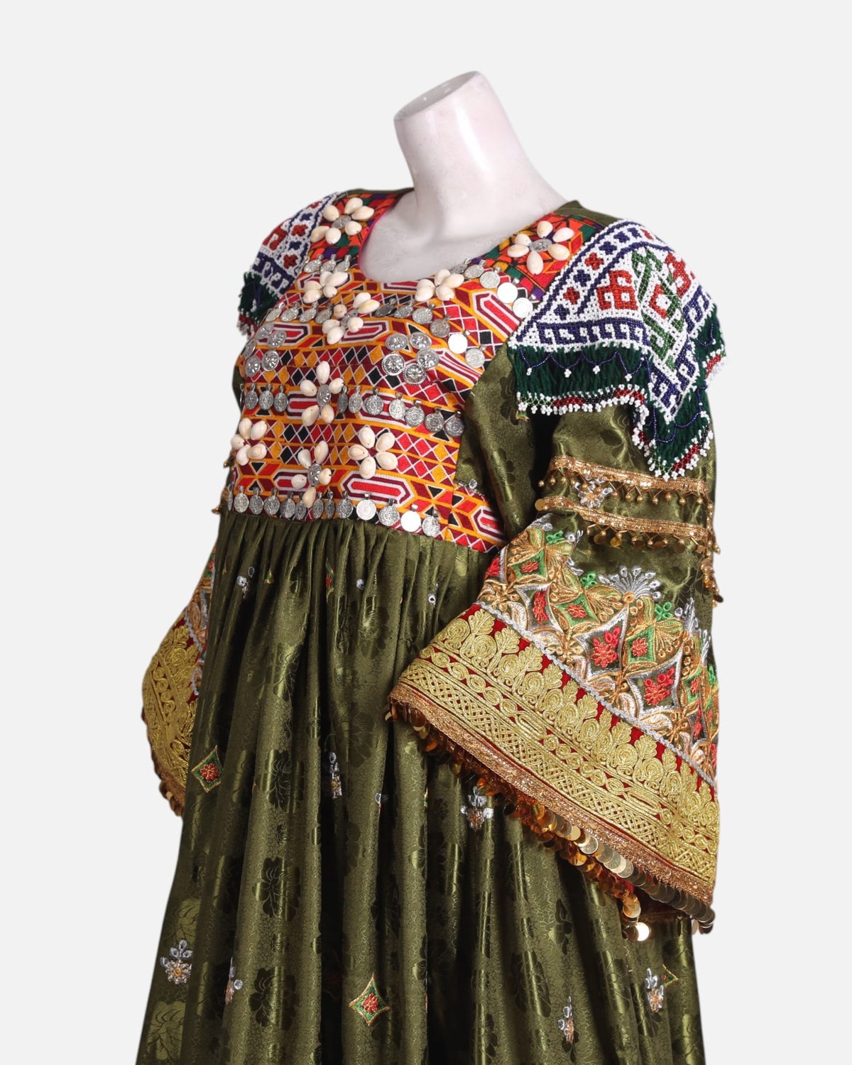 Elegant Afghan Velvet Dress – Green with Intricate Colorful Embroidery and Matching Pants 7