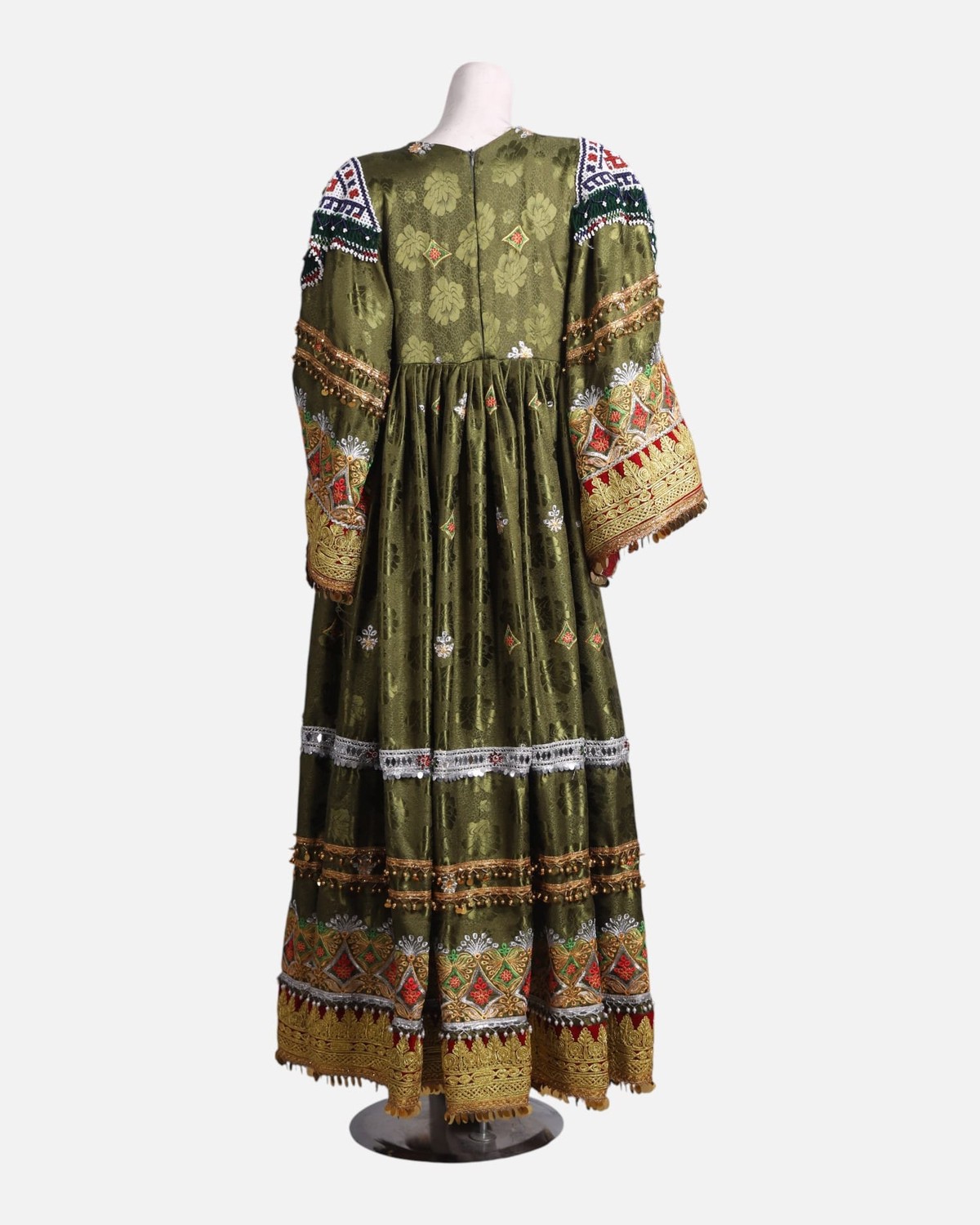 Elegant Afghan Velvet Dress – Green with Intricate Colorful Embroidery and Matching Pants 4
