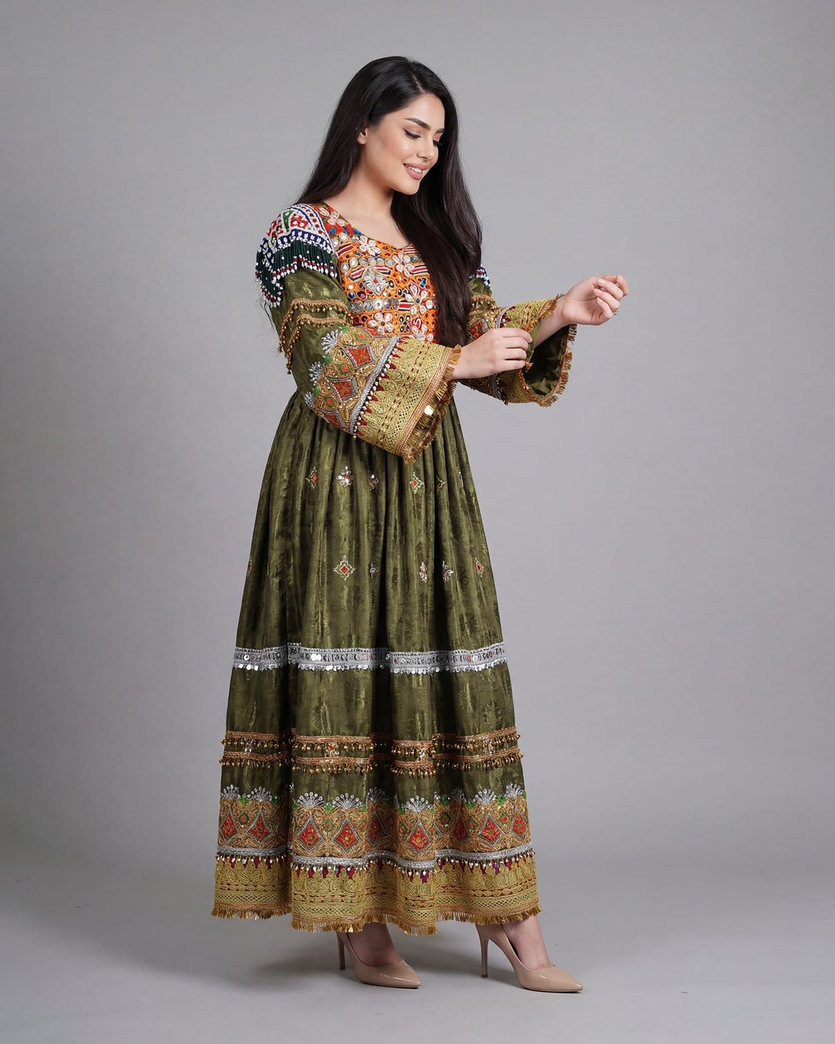 Elegant Afghan Velvet Dress – Green with Intricate Colorful Embroidery and Matching Pants 3
