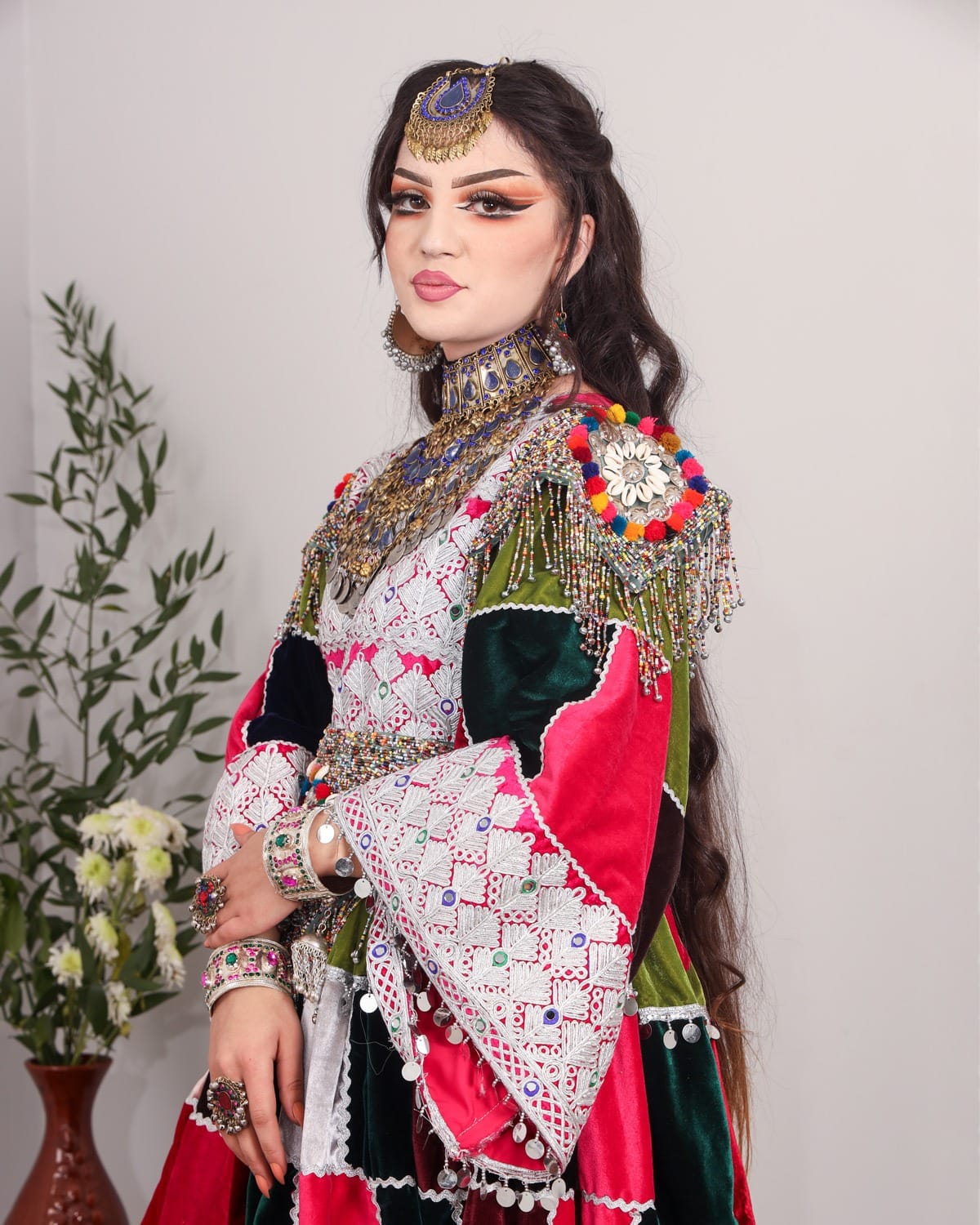 Colorful Afghan Velvet Dress – Hand-Embroidered Patchwork for Special Occasions 2