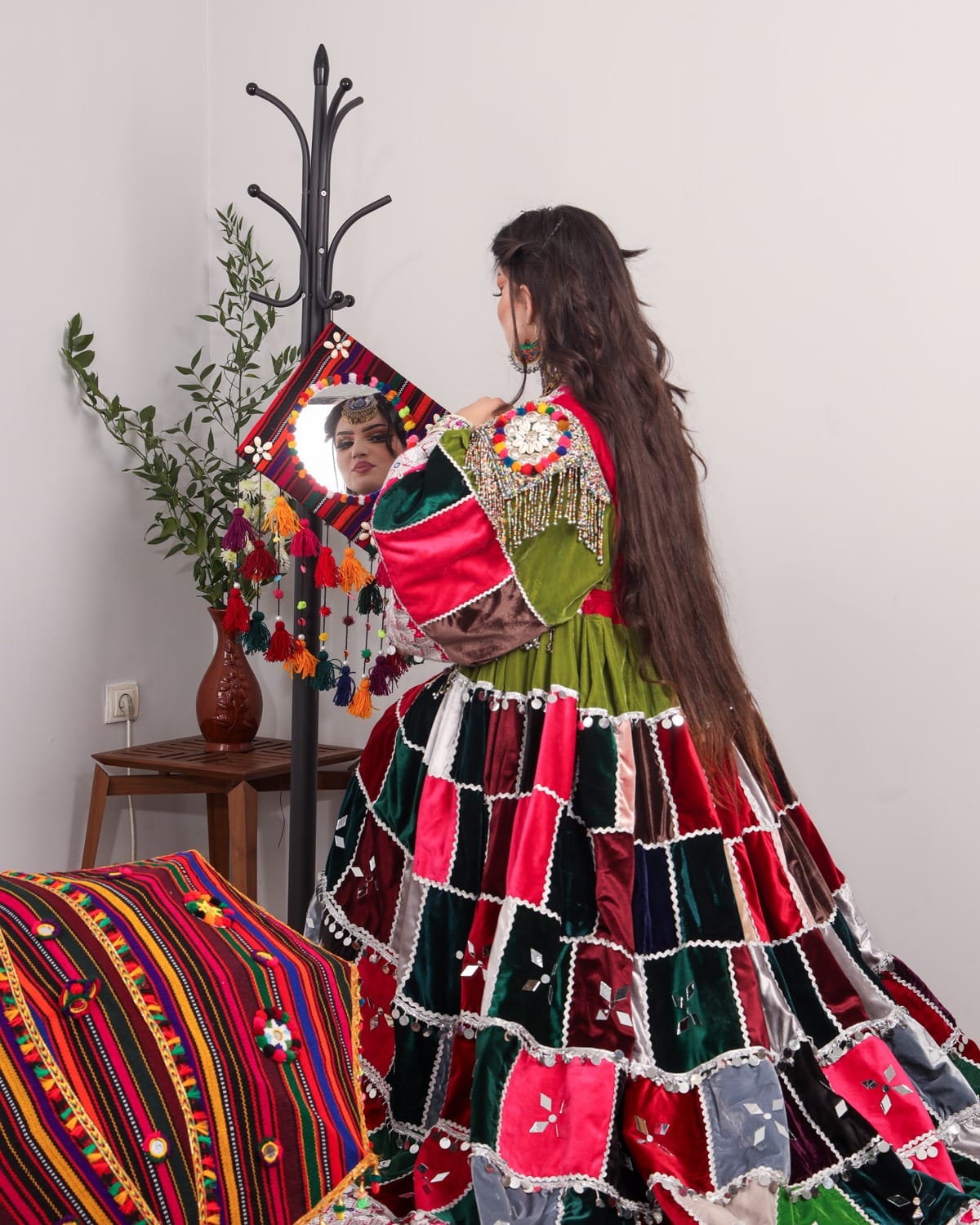 Colorful Afghan Velvet Dress – Hand-Embroidered Patchwork for Special Occasions 4