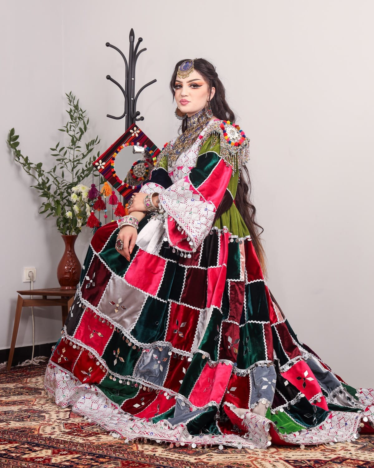 Colorful Afghan Velvet Dress – Hand-Embroidered Patchwork for Special Occasions 7