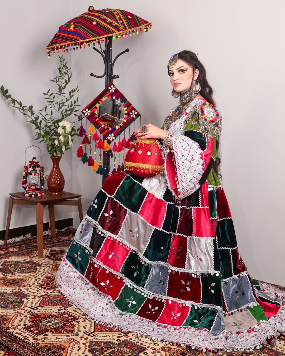 Colorful Afghan Velvet Dress – Hand-Embroidered Patchwork for Special Occasions 6