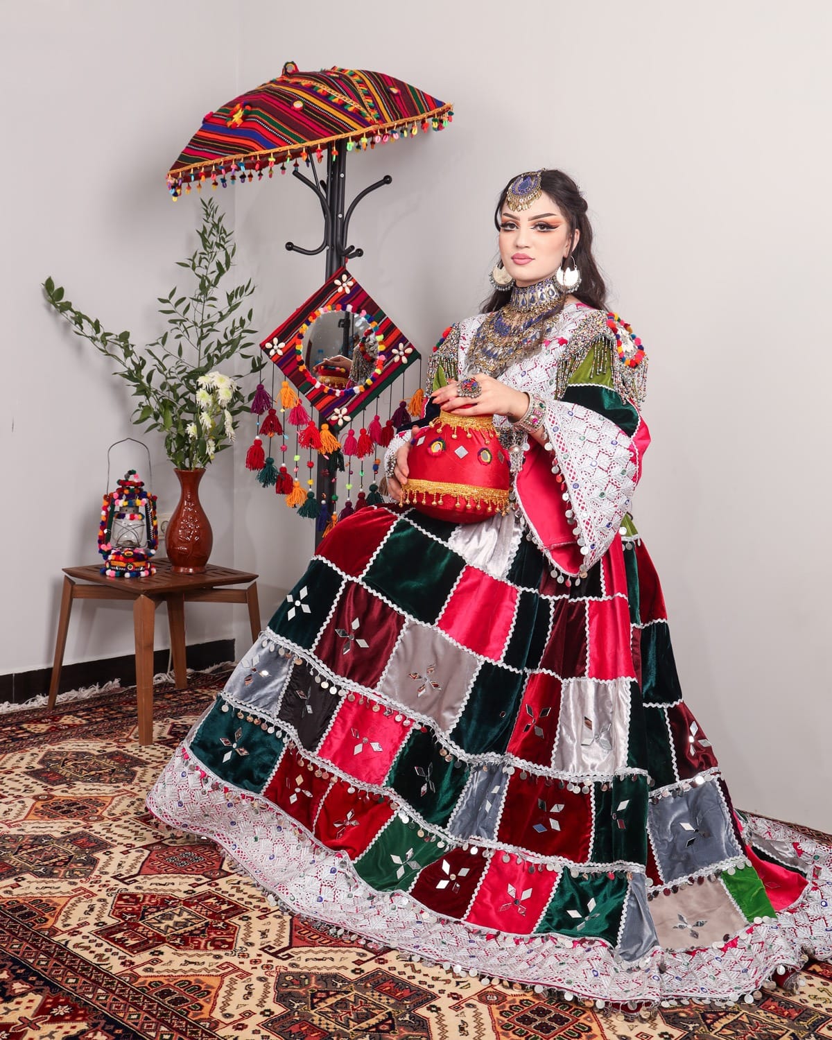 Colorful Afghan Velvet Dress – Hand-Embroidered Patchwork for Special Occasions 10