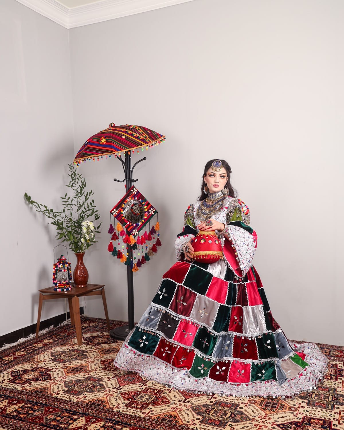Colorful Afghan Velvet Dress – Hand-Embroidered Patchwork for Special Occasions 8