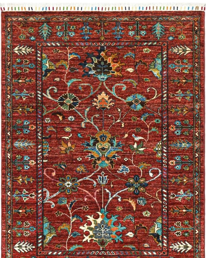 Handmade Afghani Wool Carpet – Red Floral Geometric Rug 1