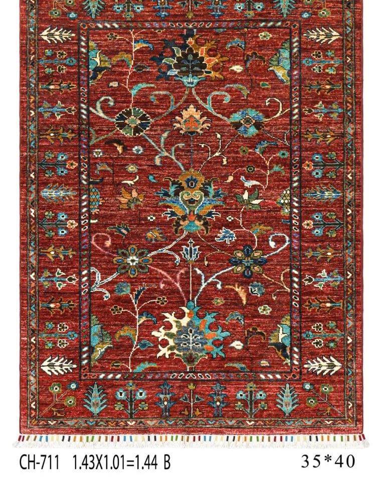 Handmade Afghani Wool Carpet – Red Floral Geometric Rug 2