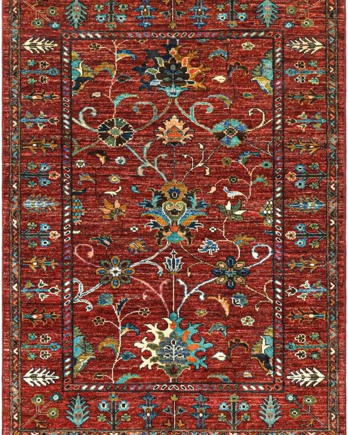 Handmade Afghani Wool Carpet – Red Floral Geometric Rug 3