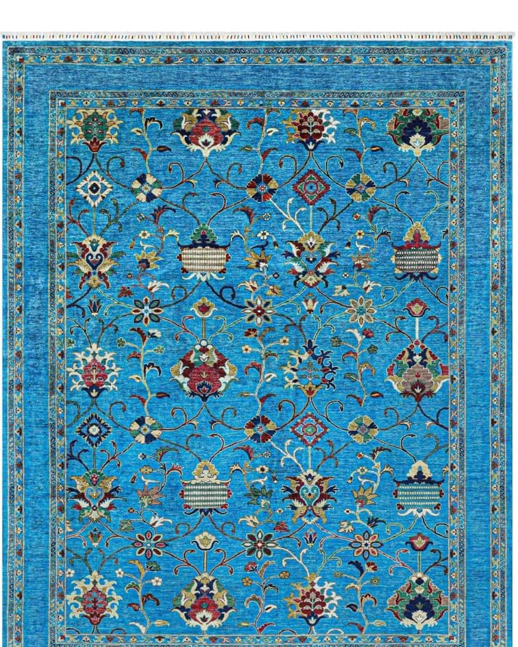 Handmade Afghani Wool Carpet – Vibrant Blue Floral Rug 1