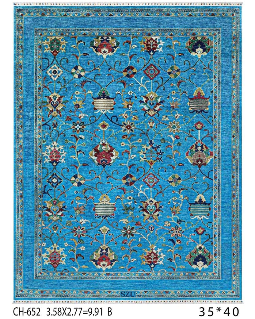 Handmade Afghani Wool Carpet – Vibrant Blue Floral Rug 3