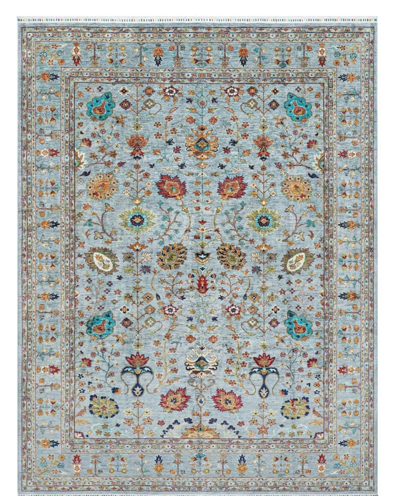 Handmade Afghani Wool Carpet – Light Blue Floral Rug 2