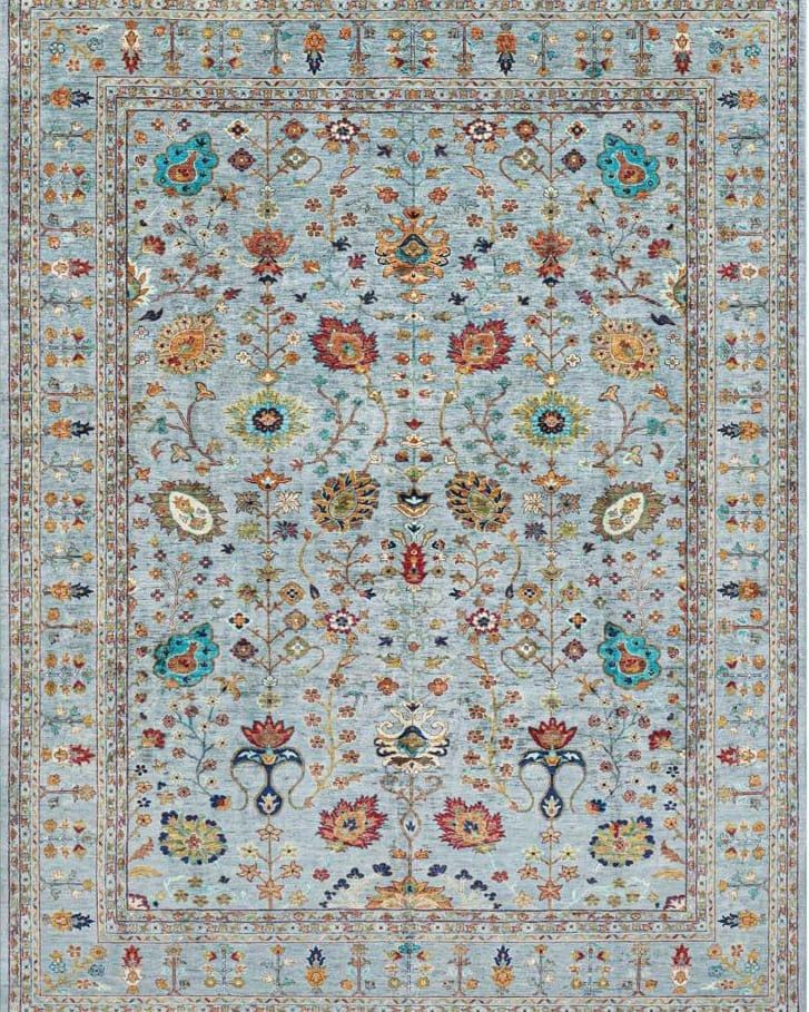 Handmade Afghani Wool Carpet – Light Blue Floral Rug 1