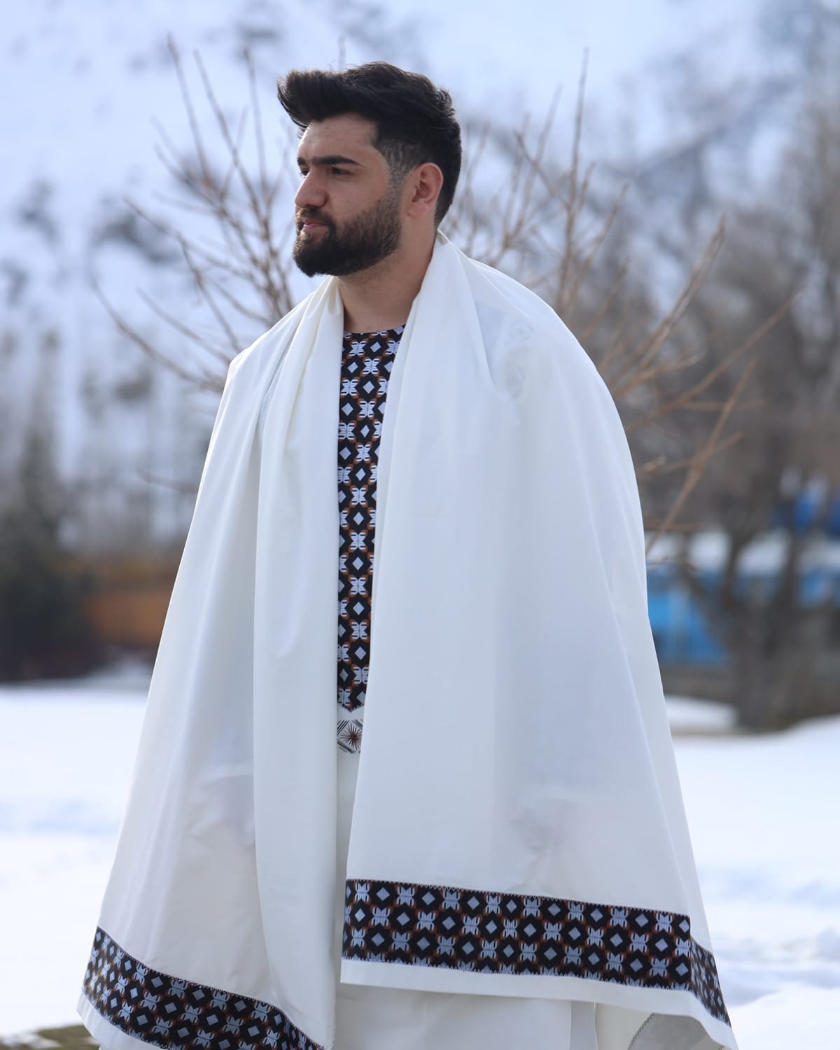 Clothes for Men Afghan White Shalwar Kameez with Shawl 5