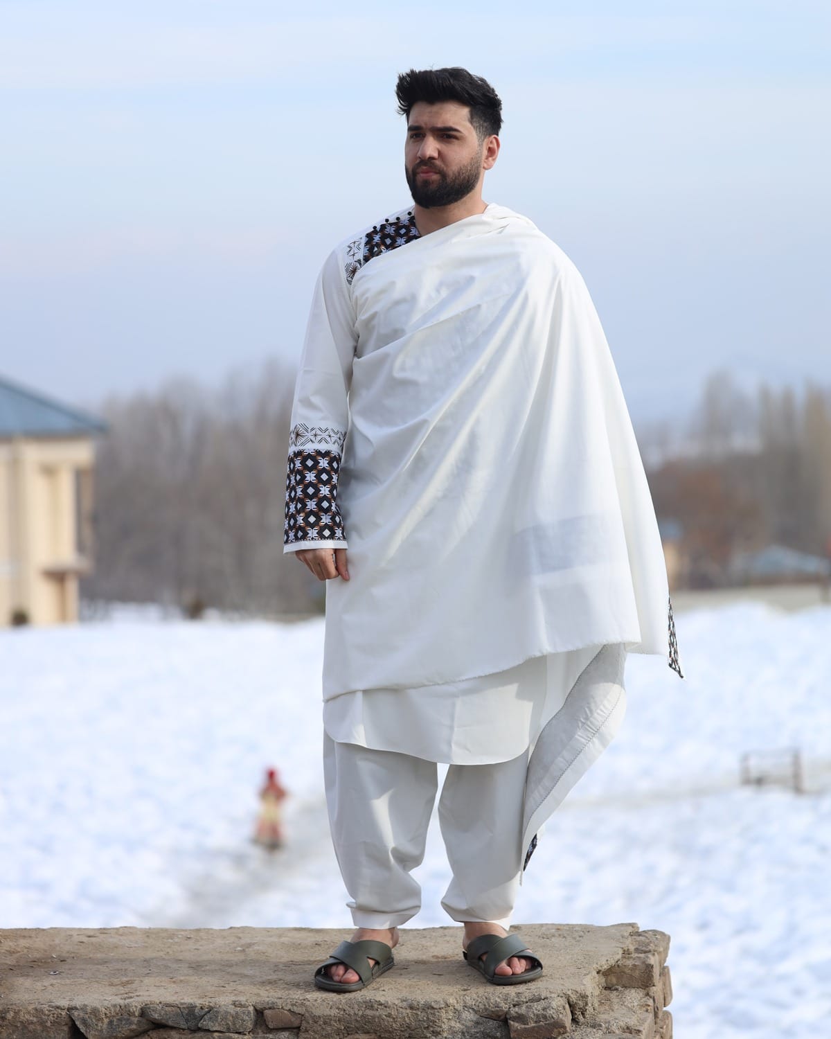 Clothes for Men Afghan White Shalwar Kameez with Shawl 6