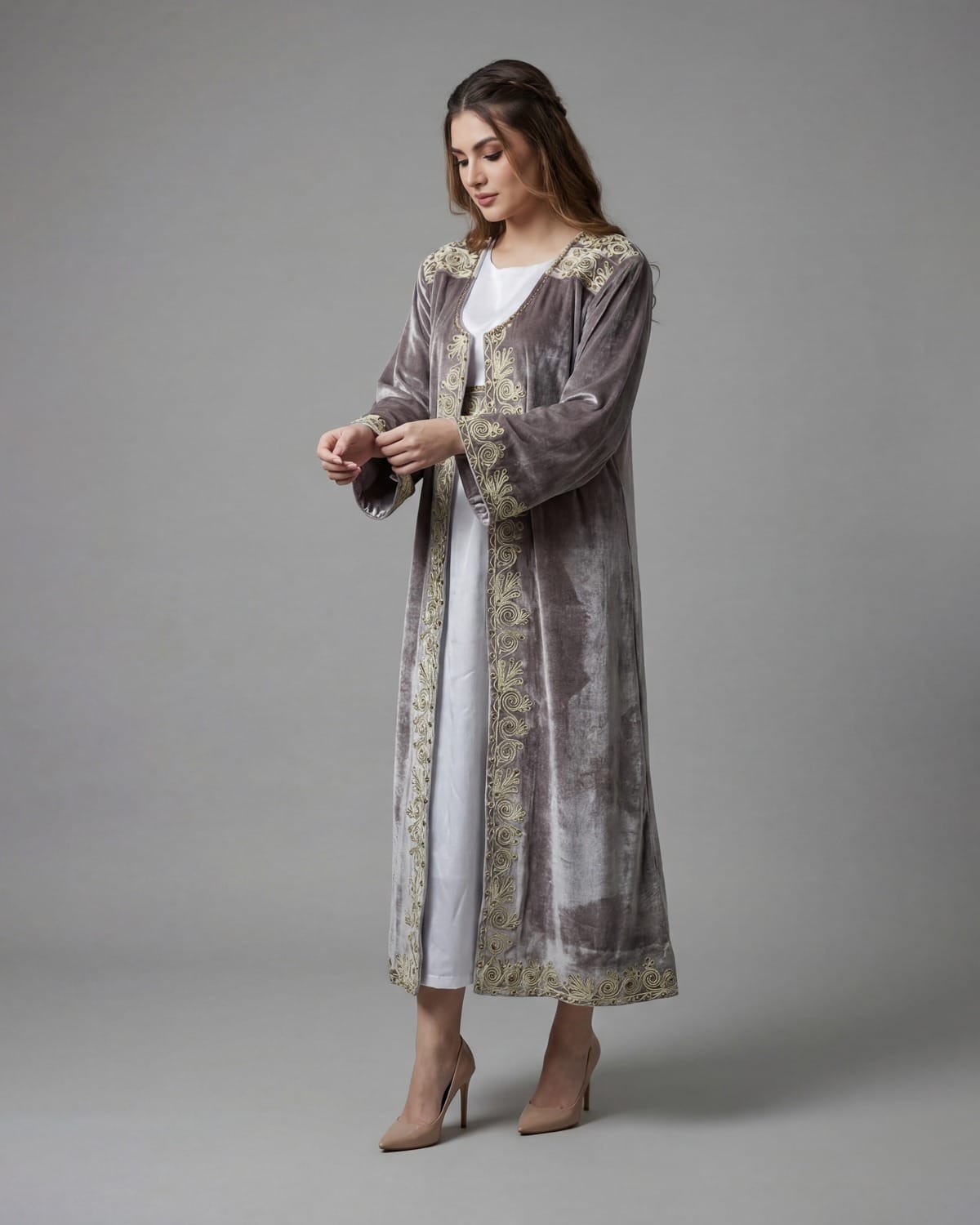 Handmade Afghan Chapan with Dress – Steel Velvet with Intricate Gulabatun Embroider 6