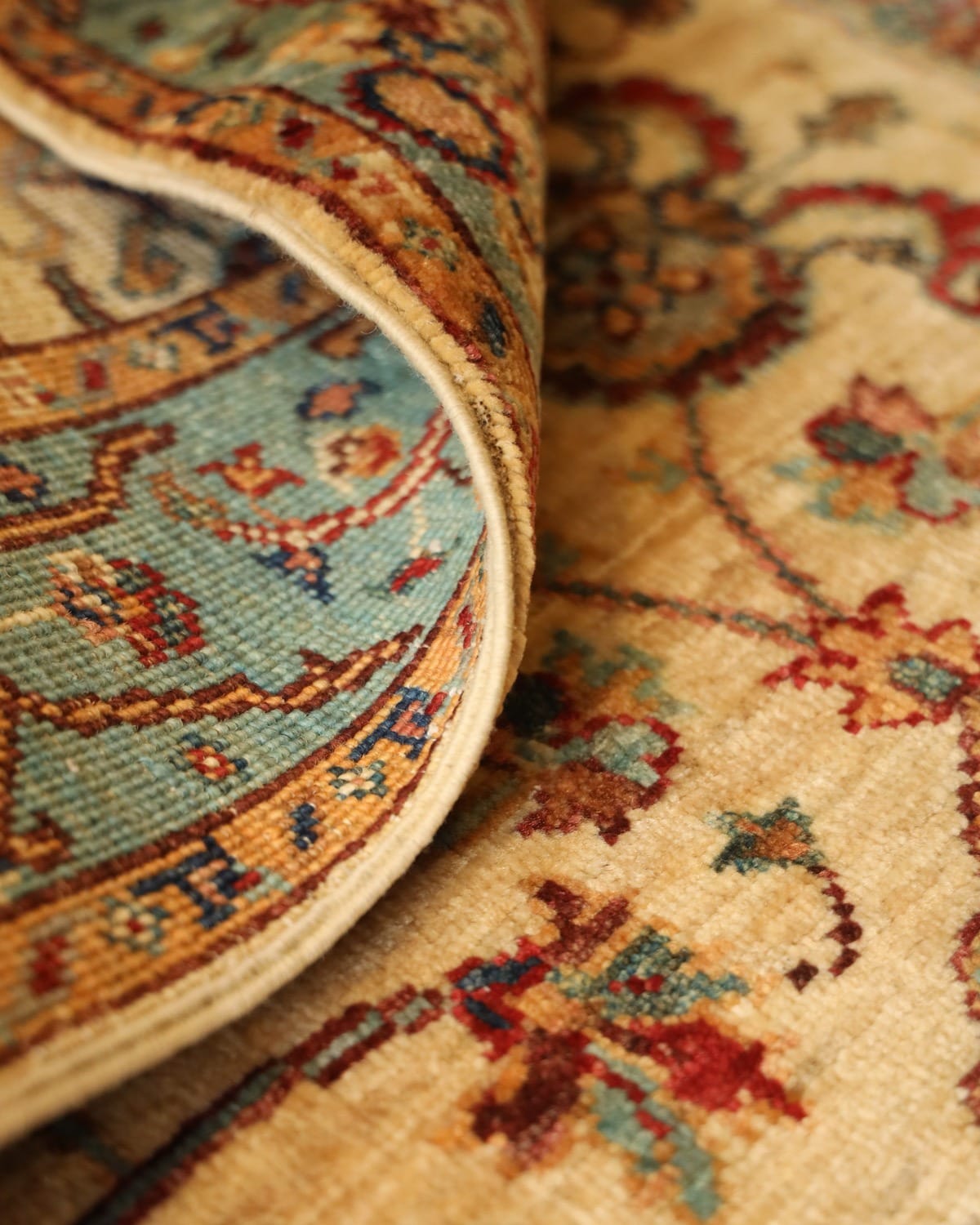 Traditional Afghan Harees Rug 1x2.15 – Handmade Wool Afghan Carpet, Cream & Turquoise Floral Pattern Rug, Artisan Oriental Area Rug 1