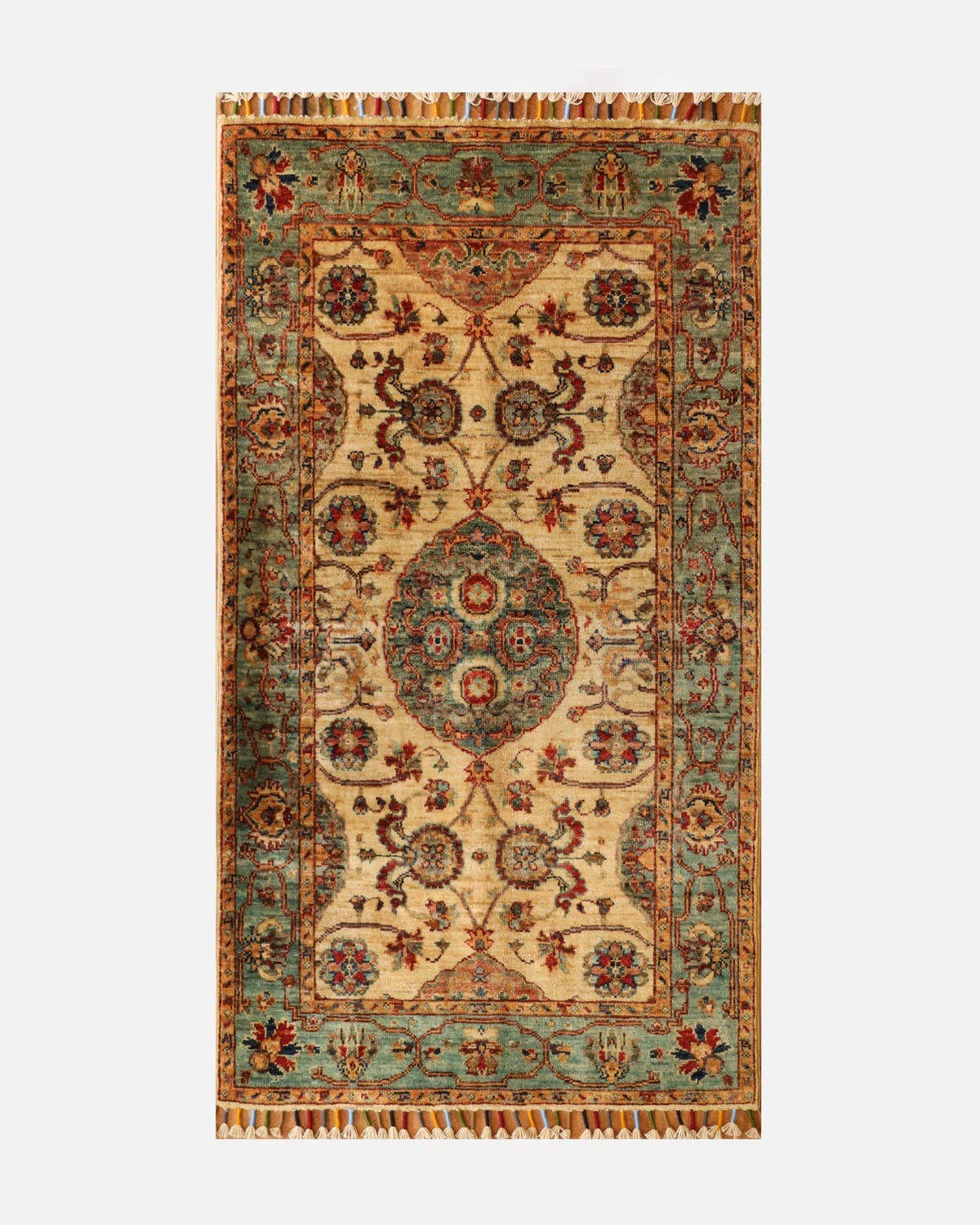 Traditional Afghan Harees Rug 1x2.15 – Handmade Wool Afghan Carpet, Cream & Turquoise Floral Pattern Rug, Artisan Oriental Area Rug 3