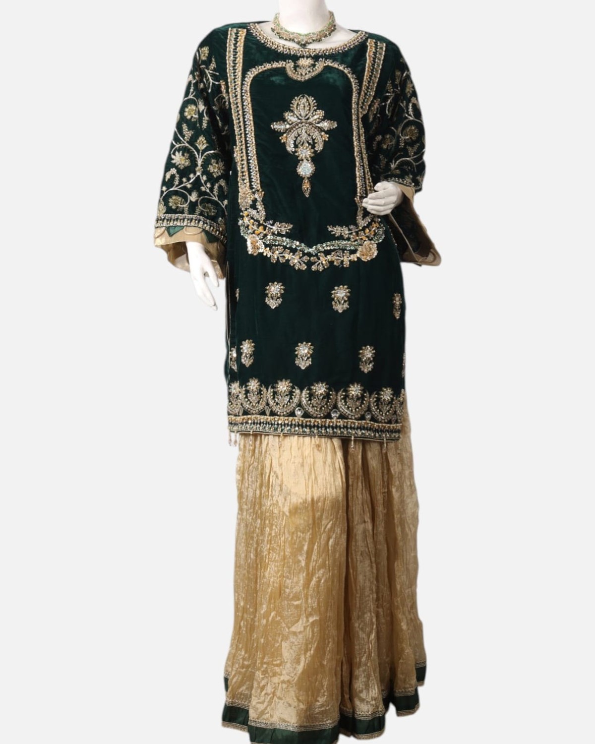 Green Velvet Punjabi Dress with Gold Bead Embroidery – Banarsi Silk Formal Afghan Party Outfit 1