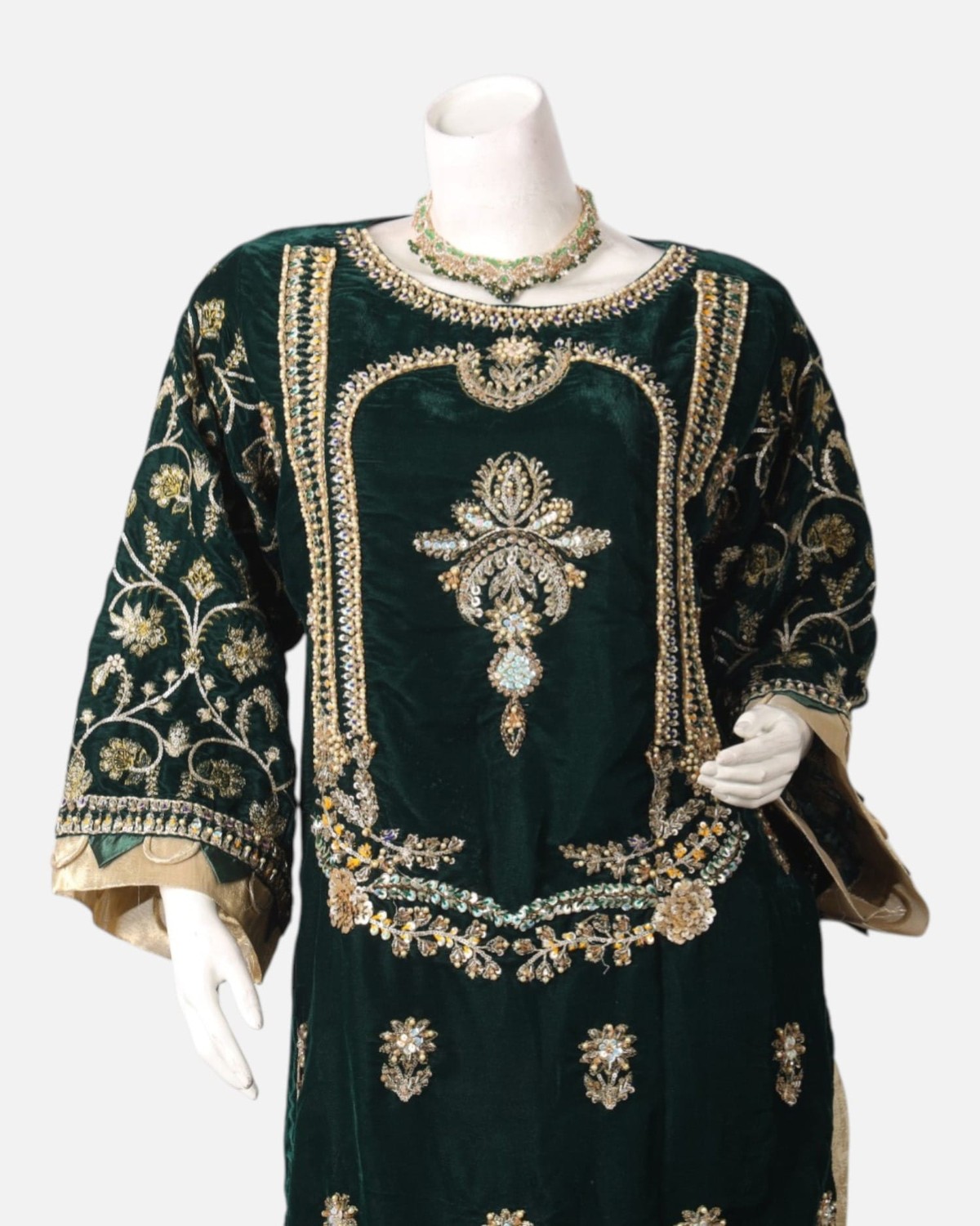 Green Velvet Punjabi Dress with Gold Bead Embroidery – Banarsi Silk Formal Afghan Party Outfit 4
