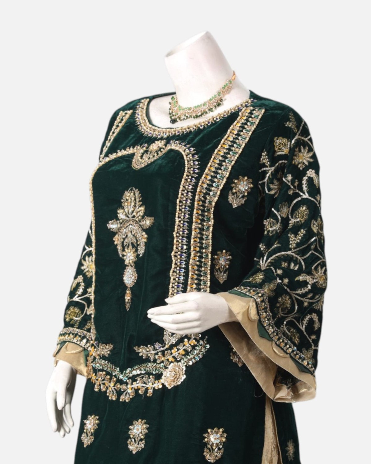 Green Velvet Punjabi Dress with Gold Bead Embroidery – Banarsi Silk Formal Afghan Party Outfit 2