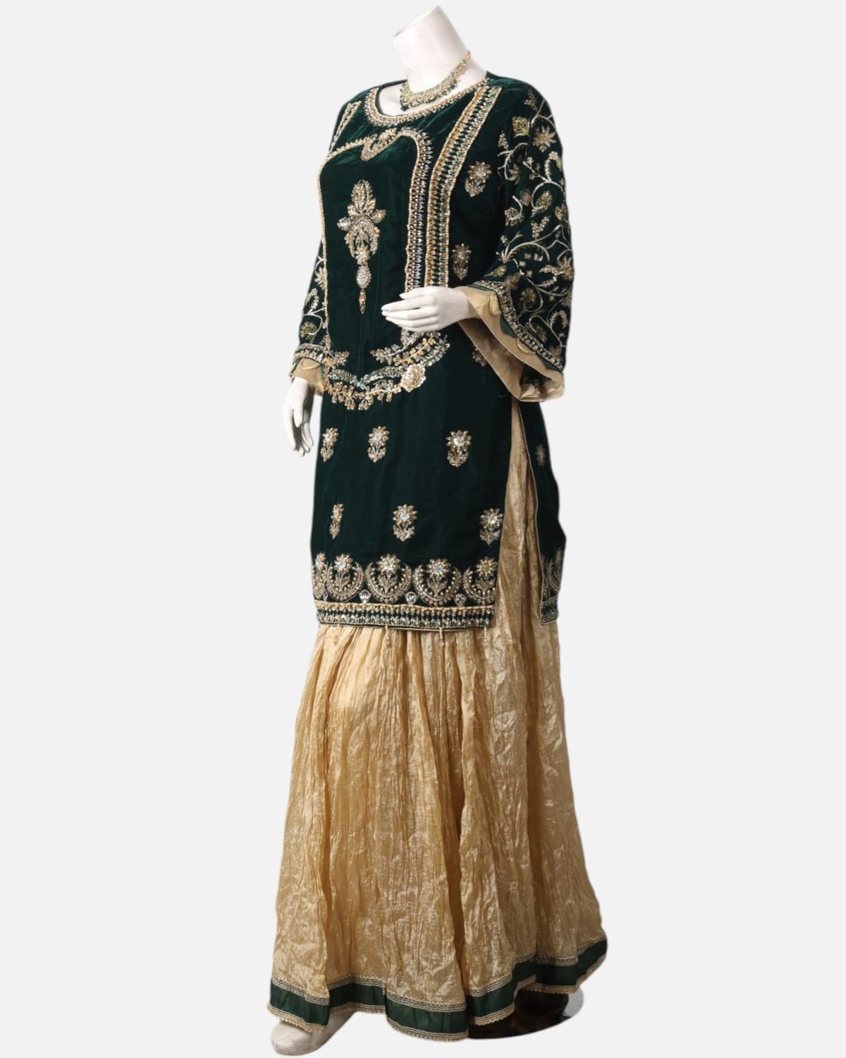 Green Velvet Punjabi Dress with Gold Bead Embroidery – Banarsi Silk Formal Afghan Party Outfit 6