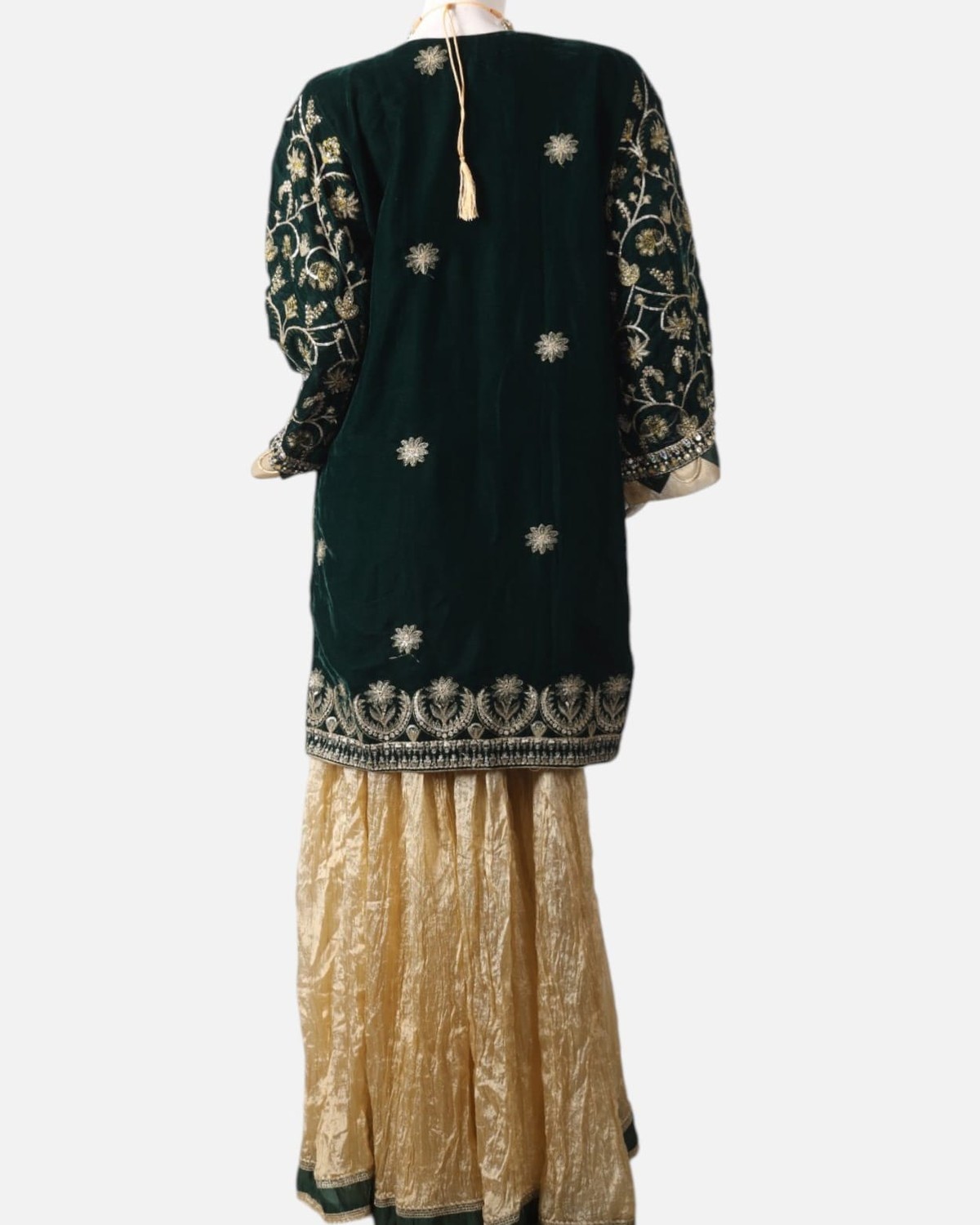 Green Velvet Punjabi Dress with Gold Bead Embroidery – Banarsi Silk Formal Afghan Party Outfit 3