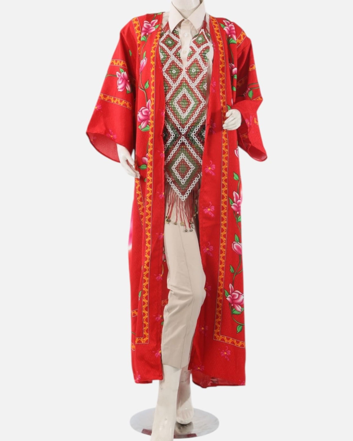 Red Tajik Floral Chapan Robe – Traditional Central Asian Silk Kimono Coat, Cultural Festival Jacket for Women 5