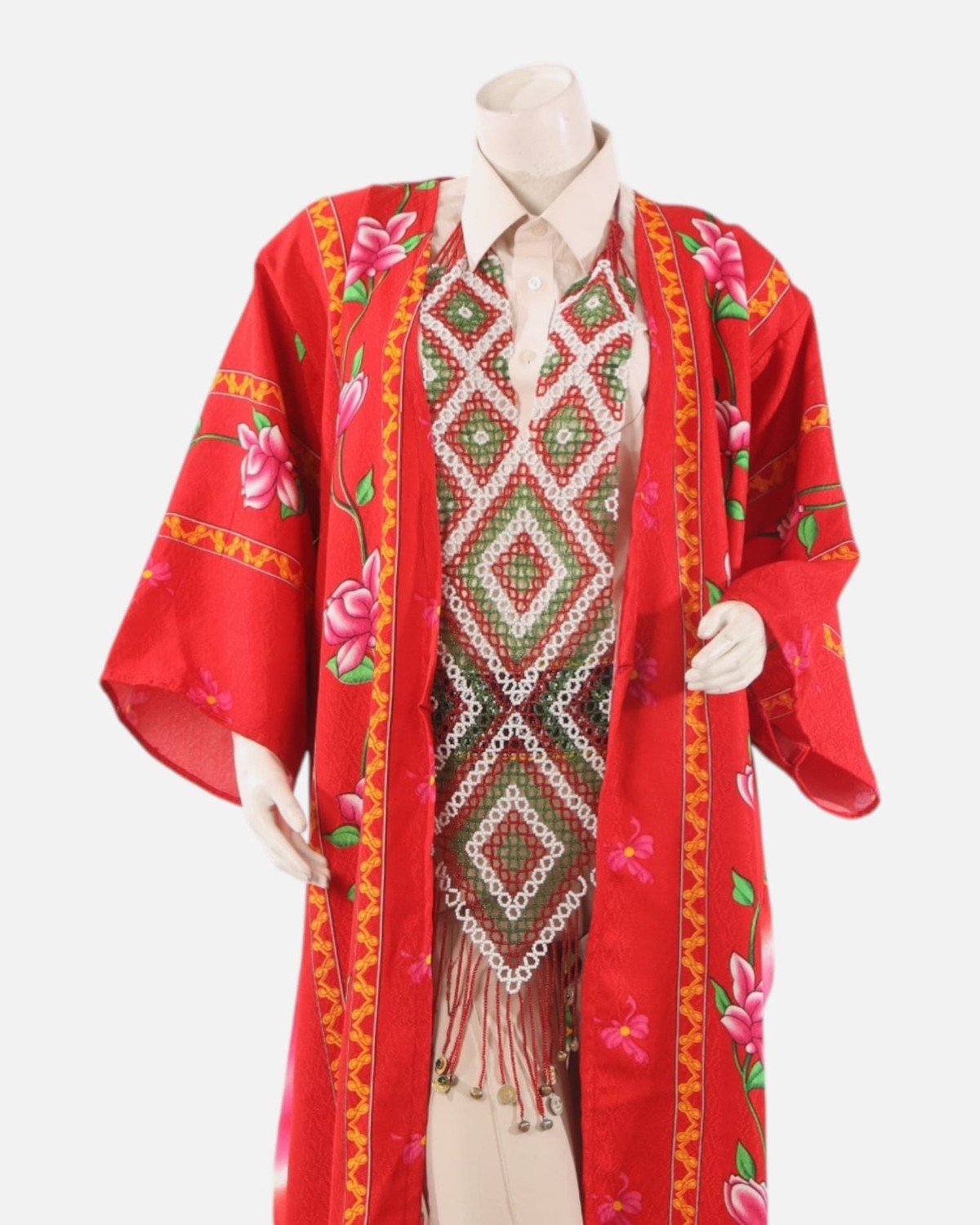 Red Tajik Floral Chapan Robe – Traditional Central Asian Silk Kimono Coat, Cultural Festival Jacket for Women 1