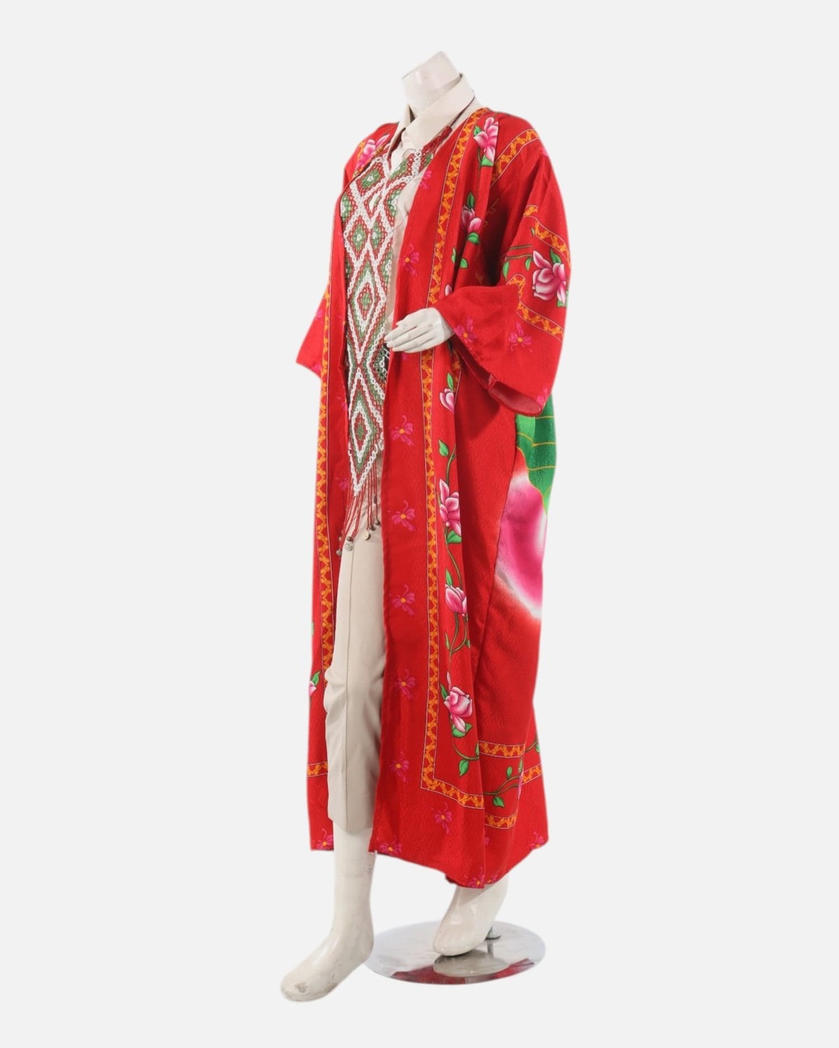 Red Tajik Floral Chapan Robe – Traditional Central Asian Silk Kimono Coat, Cultural Festival Jacket for Women 3