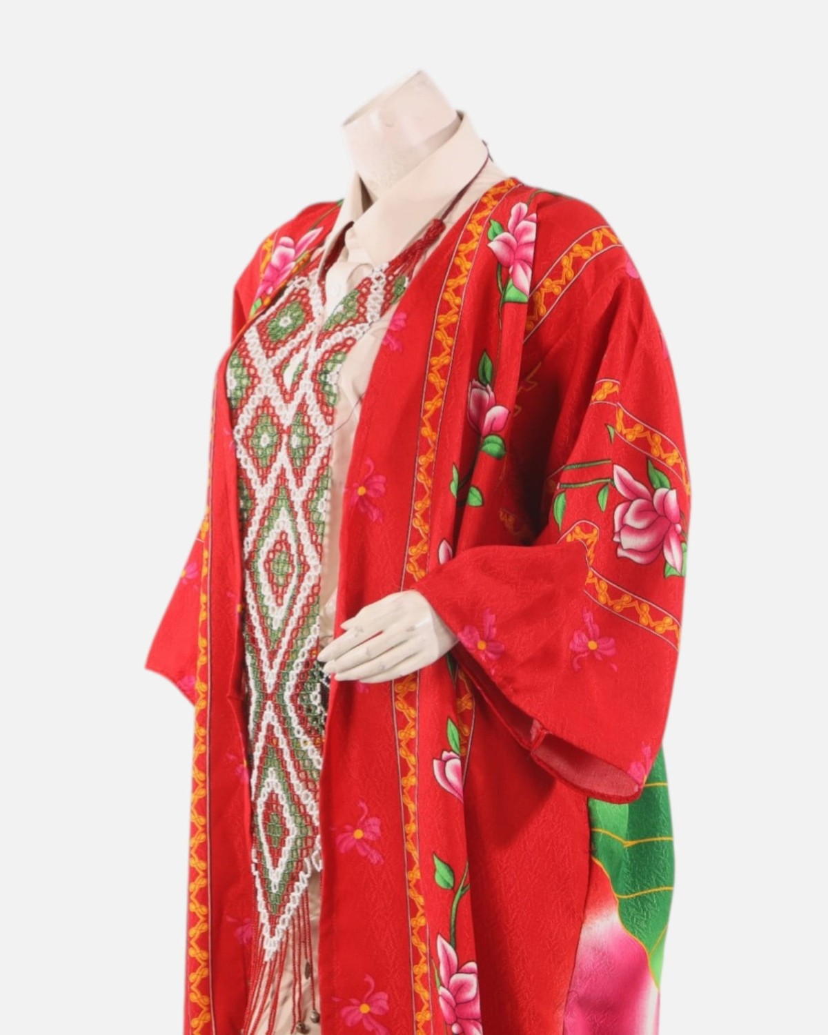 Red Tajik Floral Chapan Robe – Traditional Central Asian Silk Kimono Coat, Cultural Festival Jacket for Women 4