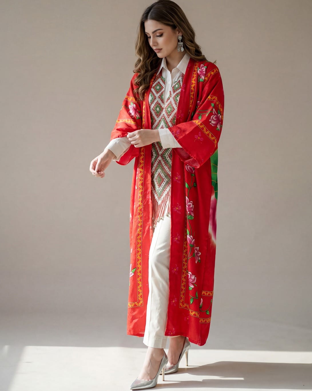 Red Tajik Floral Chapan Robe – Traditional Central Asian Silk Kimono Coat, Cultural Festival Jacket for Women 6