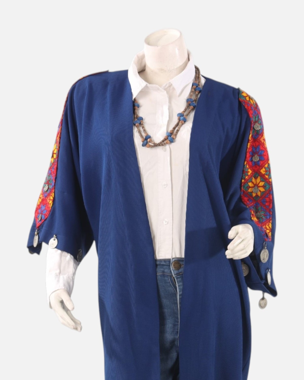 Blue Afghan Embroidered Lajward Coat – Handmade Traditional Long Jacket 4