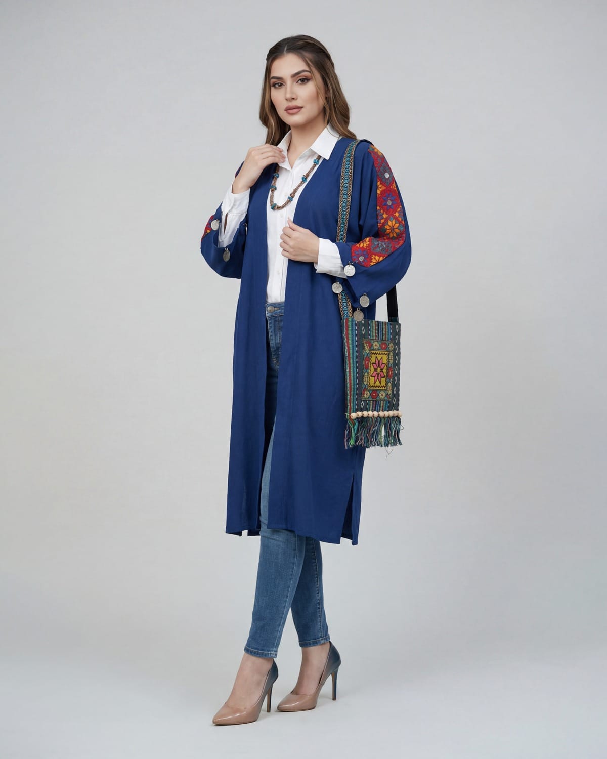 Blue Afghan Embroidered Lajward Coat – Handmade Traditional Long Jacket 7