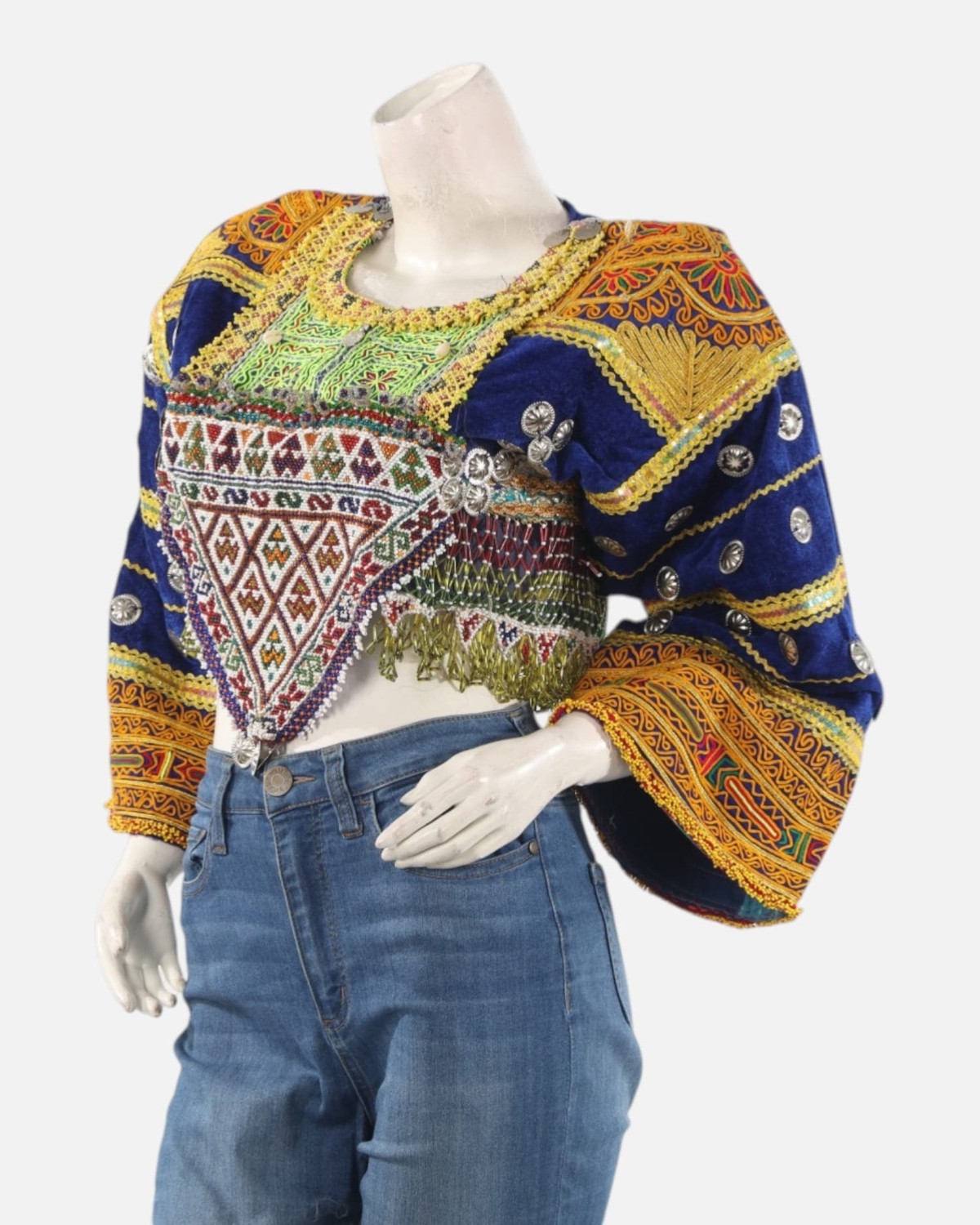 Blue Velvet Gand Embroidered Crop Top – Traditional Afghan Handmade Blouse 4