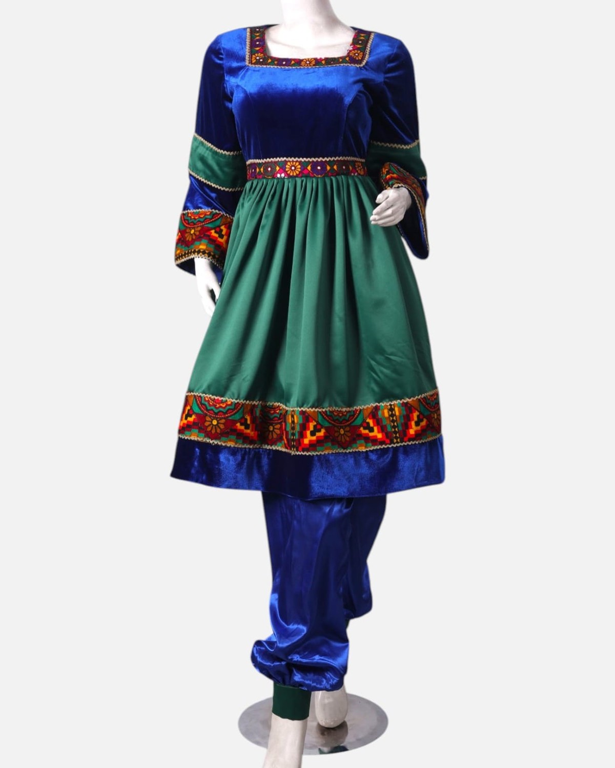 Green Velvet and Blue Satin Dress with Hand-Embroidered Details, Matching Dark Green Scarf & Satin Pants 4