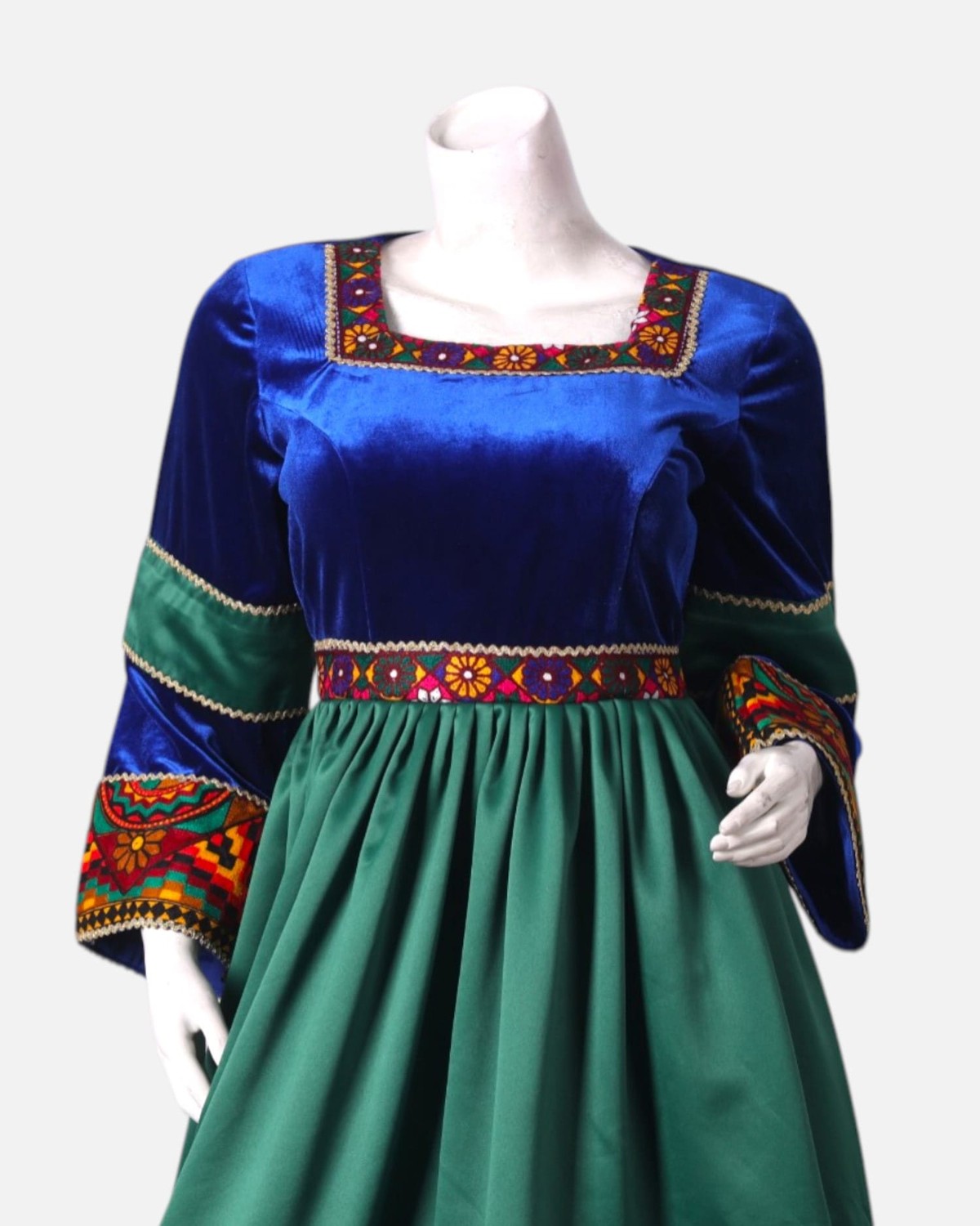 Green Velvet and Blue Satin Dress with Hand-Embroidered Details, Matching Dark Green Scarf & Satin Pants 1