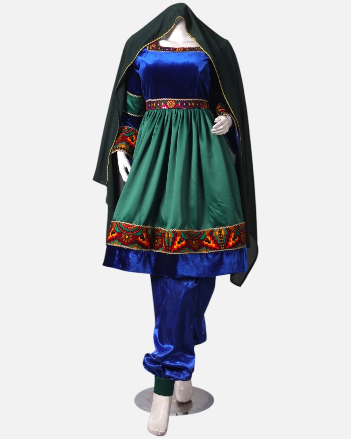 Green Velvet and Blue Satin Dress with Hand-Embroidered Details, Matching Dark Green Scarf & Satin Pants 2