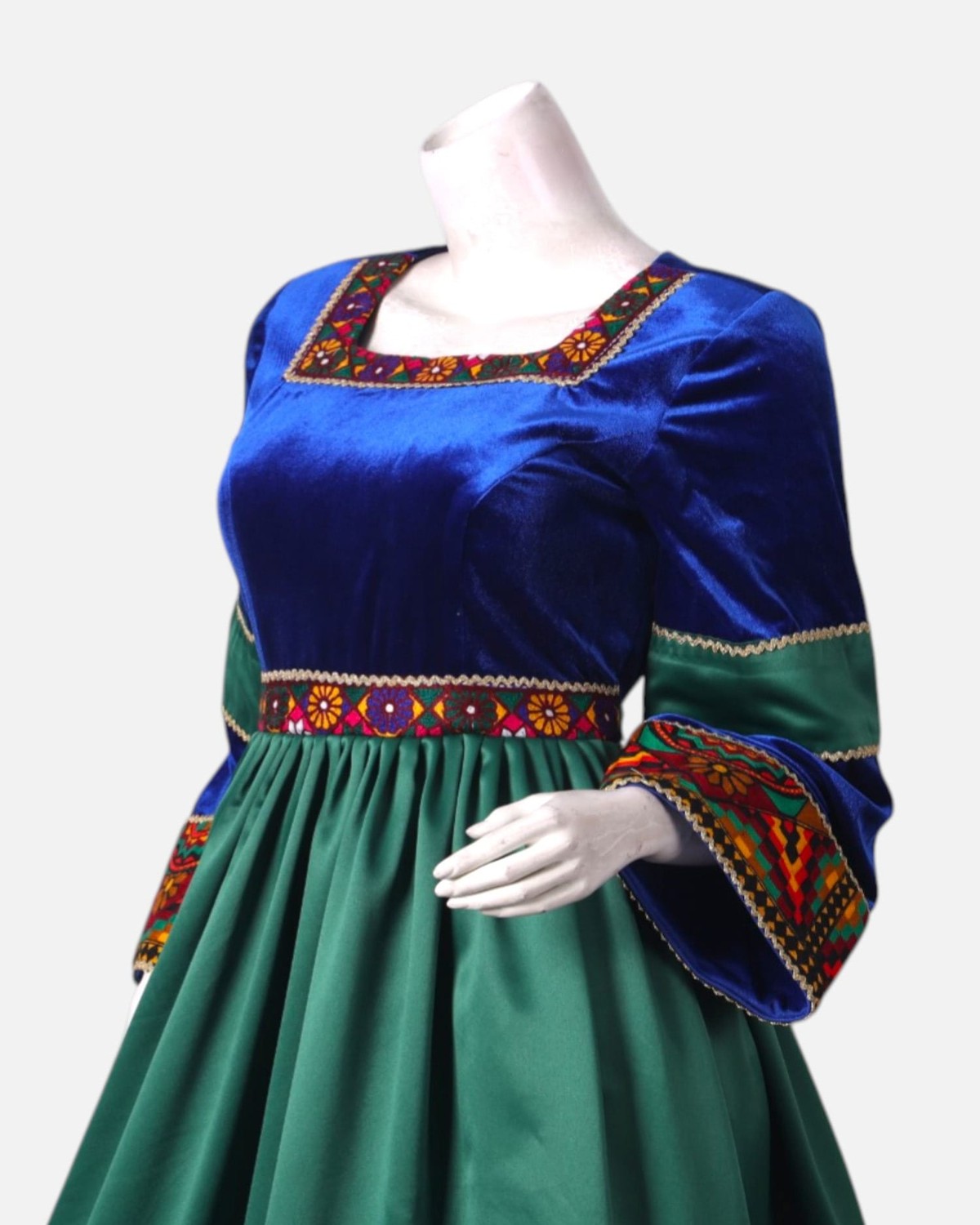 Green Velvet and Blue Satin Dress with Hand-Embroidered Details, Matching Dark Green Scarf & Satin Pants 3