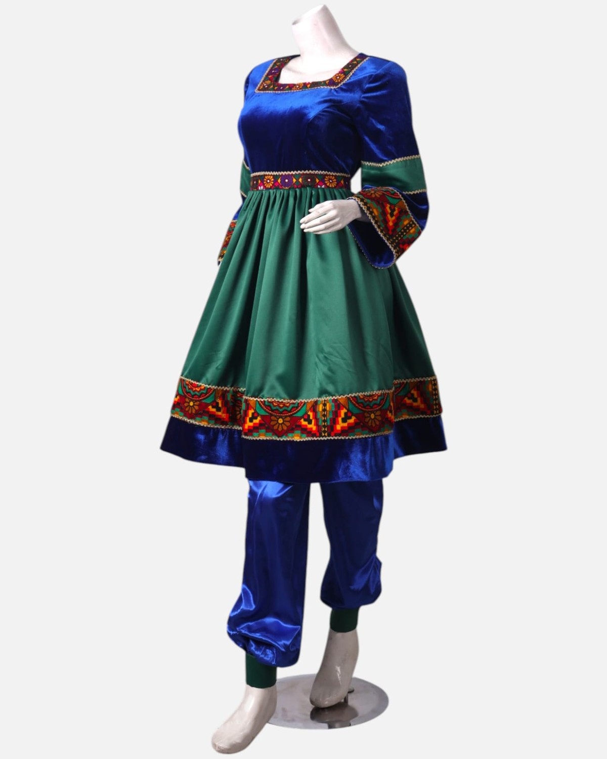 Green Velvet and Blue Satin Dress with Hand-Embroidered Details, Matching Dark Green Scarf & Satin Pants 5