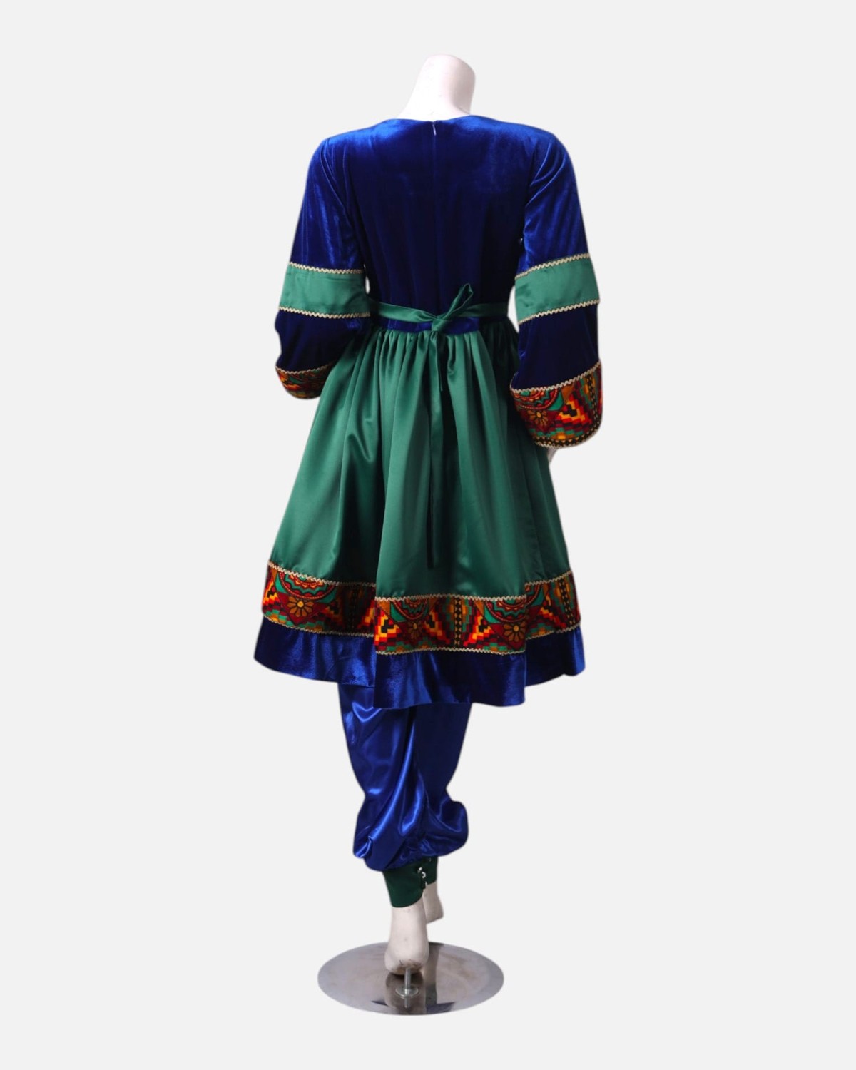 Green Velvet and Blue Satin Dress with Hand-Embroidered Details, Matching Dark Green Scarf & Satin Pants 6
